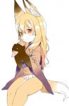 4_fingers anthro biped blonde_hair blush clothed clothing eating female fingers fur hair kemono long_hair panties red_eyes simple_background sitting solo underwear white_background white_clothing white_panties white_underwear yellow_body yellow_fur young havemoon koko_(kishibe) canid canine fox mammal