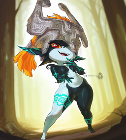 breasts clothing featureless_breasts featureless_crotch female forest fused_shadow headgear headwear looking_at_viewer multicolored_body plant red_eyes smile solo tree purrynx nintendo the_legend_of_zelda twilight_princess midna imp twili source_request
