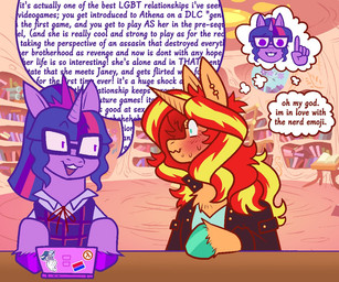 blush book clothing computer duo ear_piercing ear_ring electronics emoji eyewear female female/female feral fetlocks geek glasses hooves horn jacket laptop library nerd nervous piercing ring_piercing speech_bubble sticker sweater text topwear dapper_lil_arts friendship_is_magic hasbro my_little_pony mythology twilight_sparkle_(mlp) equid equine mammal mythological_creature mythological_equine unicorn 6:5 english_text