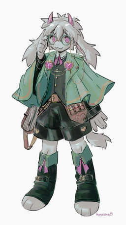 ambiguous_gender anthro claws clothing eyewear fangs fur glasses hair horn legwear looking_at_viewer paws pink_eyes simple_background solo teeth white_body white_fur white_hair bunsidhe deltarune undertale_(series) ralsei bovid caprine mammal 2026 9:16 hi_res signature male_(lore)