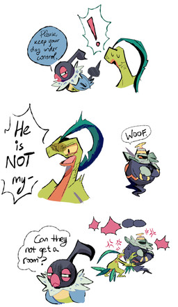 anthro argument beak bodily_fluids cross-popping_vein crossed_arms dialogue exclamation_point facial_scar feral group looking_at_another looking_back male narrowed_eyes open_mouth scar simple_background speech_bubble standing sweat sweatdrop text trio white_background woof_(sound_effect) yellow_eyes scribzag nintendo pokemon pokemon_mystery_dungeon spike_chunsoft chatot_(eotds) dusknoir_(eotds) grovyle_the_thief chatot dusknoir generation_3_pokemon generation_4_pokemon grovyle pokemon_(species) 2026 digital_media_(artwork) english_text hi_res