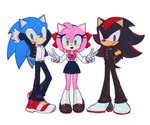 anthro black_body black_fur blue_body blue_fur clothing female fur gloves green_eyes group handwear male pink_body pink_fur red_eyes simple_background tail trio white_background hhhh_0103 sega sonic_the_hedgehog_(series) amy_rose shadow_the_hedgehog sonic_the_hedgehog eulipotyphlan hedgehog mammal hi_res