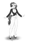 5_fingers anthro anthrofied bare_legs bedroom_eyes biped black_clothing black_coat black_footwear black_high_heels black_suit black_tie_(suit) black_topwear bow_(feature) bow_tie breasts button_(fastener) clothed clothing coat colored_nails cutie_mark dance_shoes dancewear dancing emanata eyebrows eyelashes eyeshadow female fingernails fingers flat_shading fluffy fluffy_tail footwear frilly frilly_clothing frilly_panties frilly_shirt frilly_topwear frilly_underwear fur grin grinning_at_viewer hair half-closed_eyes high_heels horn humanoid_hands lips lipstick looking_at_viewer makeup nails narrowed_eyes onomatopoeia panties pose seductive shirt shirt_cuffs shoes simple_background slim small_waist smile smiling_at_viewer solo sound_effects standing stiletto_heels suit tail tailcoat tap_dancing tap_shoes tapping tapping_foot text topwear underwear white_background white_body white_clothing white_dress_shirt white_fur white_horn white_panties white_shirt white_topwear white_underwear pia-sama friendship_is_magic hasbro my_little_pony mythology rarity_(mlp) equid equine mammal mythological_creature mythological_equine unicorn 2016 absurd_res greyscale hi_res monochrome signature