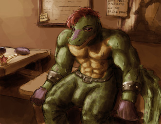 abs anthro big_bulge big_muscles bodily_fluids bottomwear break_room bulge clothed clothing furniture huge_bulge looking_at_viewer male male_anthro muscular muscular_anthro muscular_male on_table pants pecs sitting sitting_on_table solo sweat table tired topless topless_anthro topless_male shybird five_nights_at_freddy's five_nights_at_freddy's:_security_breach scottgames steel_wool_studios montgomery_gator alligator alligatorid crocodilian reptile scalie absurd_res hi_res