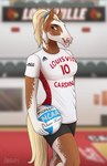 anthro athlete athletic_wear ball blonde_hair bottomwear breasts brown_body brown_fur clothed clothing female fully_clothed fur gym gym_bottomwear gym_shorts hair inside ponytail shirt shorts smile solo sport t-shirt teeth topwear volleyball volleyball_(ball) volleyball_uniform jenery adidas louisville_cardinals ncaa university_of_louisville equid equine horse mammal hi_res