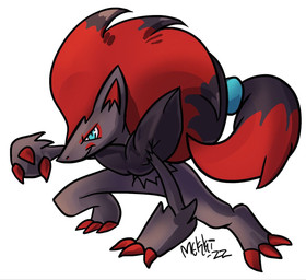 ambiguous_gender anthro black_body black_fur black_highlights blue_eyes claws fluffy fluffy_chest fur hair highlights_(coloring) ponytail raised_arm red_claws red_hair red_toe_claws simple_background smile solo three-point_landing white_background mekki nintendo pokemon generation_5_pokemon pokemon_(species) zoroark 2022 signature