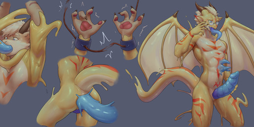 2_horns absorption_vore anal anal_penetration animal_genitalia animal_penis anthro balls blue_eyes blue_insides blue_penis brown_horn brown_markings brown_stripes claws countershading cuff_(restraint) cutaway duo erection eyewear finger_claws fingerpads forced fur genitals glans glasses goo_transformation gradient_penis gradient_tongue hair hand_on_penis horn internal latex male male/male markings melting membrane_(anatomy) membranous_wings open_mouth oral oral_penetration pawpads penetration penis pink_pawpads prehensile_tongue purple_penis red_markings restrained restraints ribbed_penis solo_focus stripes tail tentacle_in_ass tentacle_in_mouth tentacle_penetration tentacles tongue transformation unusual_insides vore wearing_glasses white_body white_countershading white_hair wings yellow_body aidennguyen17 mythology animate_inanimate dragon furred_dragon furred_scalie goo_creature living_clothing living_latex mythological_creature mythological_scalie scalie hi_res sequence
