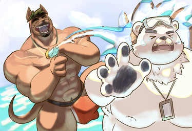 abs anthro barazoku belly big_bulge brown_body brown_fur bulge clothing detailed_bulge duo eyebrows fur male muscular muscular_anthro muscular_male nipples overweight pawpads pecs pupils sea slit_pupils speedo swimwear thick_eyebrows toy toy_gun water water_gun white_body white_fur haydendawolf xxl_woofia paul_the_polar_bear saeng bear canid canine canis domestic_dog mammal polar_bear ursine hi_res