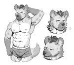 abs anthro areola armpit_hair body_hair bulge clothed clothing ear_piercing ear_stud fur hair male muscular muscular_anthro muscular_male piercing solo tail underwear underwear_only glinfoxart arknights hypergryph studio_montagne spot_(arknights) hyena mammal spotted_hyena 2023 hi_res monochrome