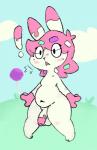 anthro balls blush bodily_fluids candy cloud dessert femboy flaccid food foreskin fur genitals grass humanoid_genitalia humanoid_penis lollipop male navel penis pink_body pink_fur plant simple_background slightly_chubby solo sweat gojo_preto amai_puwai_(character) lagomorph leporid mammal rabbit hi_res