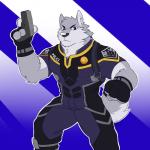 anthro clothed clothing fur gun male muscular muscular_anthro muscular_male police police_uniform ranged_weapon solo uniform weapon greydaboy canid canine canis mammal wolf 1:1 2017 digital_media_(artwork) hi_res