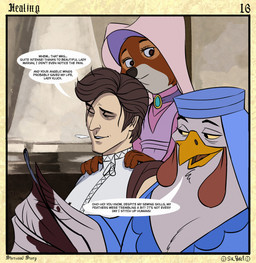 4_fingers anthro beak blood blood_stain bodily_fluids border brooch brown_hair claws clothed clothed_anthro clothed_female clothed_human clothed_male clothing conjoined_speech_bubble countershade_face countershade_fur countershading dialogue eyebrows eyelashes eyes_closed feather_hands feathered_wings feathers female female_anthro finger_claws fingers fur group hair hand_on_another's_shoulder hand_on_shoulder hands_on_shoulders headdress inside iris light_body light_skin looking_at_another male male_human narrowed_eyes nobleman on_model open_beak open_mouth page_number pupils shirt sitting smile snout speech_bubble standing stone_wall talking_to_another text title topwear trio wall_(structure) white_clothing white_shirt white_topwear wimple winged_arms wings sir_paulus disney robin_hood_(disney) lady_kluck maid_marian pavel_(sir_paulus) avian bird canid canine canis chicken fox galliform human mammal phasianid artist_name comic english_text hi_res