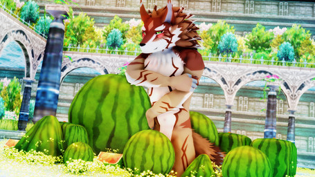 anthro black_nose blush countershading covering covering_self food fruit fur green_eyes kemono looking_at_viewer male melon multicolored_body multicolored_fur navel nude plant smile solo watermelon white_body white_fur malicekira lifewonders tokyo_afterschool_summoners seth_(tas) canid canine canis jackal mammal 16:9 2019 3d_(artwork) digital_media_(artwork) mikumikudance_(artwork) widescreen