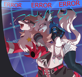 ambiguous_penetration anthro belt blue_eyes blush bodily_fluids bottomwear clothing cum cybernetic_arm cybernetic_limb duo female fishnet_clothing footwear fur genital_fluids grey_body grey_fur grey_hair hair male male/female mask mechanical_arm pants penetration red_eyes saliva sex shoes teeth text tongue tongue_out topwear white_body white_fur zipper 6my bandai_namco digimon digimon_beatbreak aza_(asonix) digimon_(species) mammal wolvermon 2026 digital_media_(artwork) english_text hi_res