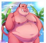 anthro belly big_belly eyes_closed male moobs navel nipples overweight overweight_male palm_tree plant rainbow solo tree exopaz mammal suid suine sus_(pig) wild_boar 2023 hi_res