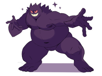 anthro belly big_belly big_muscles fur horn humanoid_hands looking_at_viewer male moobs musclegut muscular muscular_anthro muscular_male narrowed_eyes navel nipples nude overweight overweight_anthro overweight_male pecs pose purple_body purple_fur simple_background smile solo standing star thick_thighs tuft white_background splashburr nintendo pokemon generation_1_pokemon gengar ghost pokemon_(species) spirit 2021 hi_res