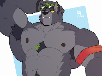 abs anthro areola armband armpit_hair biceps black_haur body_hair chest_tuft deltoids ear_piercing ear_ring eye_scar facial_scar fur gold_(metal) gold_ear_ring green_highlights grey_body grey_fur hand_on_head highlights_(coloring) male navel nipples pecs piercing red_armband ring_piercing scar shirtless solo sunglasses_hair tuft yellow_sclera lxl_art anothereidos_of_dragon_vein_r dickert_(anothereidos_r) canid canine canis mammal wolf 2025 dated hi_res