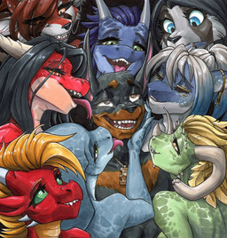 anthro biped black_body black_fur black_hair blonde_hair blue_body blue_eyes blue_hair brown_hair face_lick facial_horn facial_piercing feather_hair feathers female fur furgonomic_piercing furgonomics green_body green_eyes green_scales green_sclera group hair horn hypnotic_eyes insignia licking male muzzle_piercing nose_horn nose_piercing piercing pseudo_hair red_body red_eyes red_scales scales tongue white_body white_fur white_hair yellow_sclera ewgengster european_mythology microsoft mythology the_elder_scrolls adena_(ewgengster) hart_raspel reina_lesk sha_(ewgengster) soraya_dax ailurid argonian canid canine canis dobermann domestic_dog dragon mammal mythological_creature mythological_scalie pinscher red_panda reptile scalie snake western_dragon 2025 absurd_res hi_res traditional_media_(artwork)