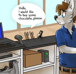 anthro bag belt blue_eyes brown_hair candy cash_register chocolate chocolate_bar computer dessert dialogue duo electronics food fur greeting grey_body grey_fur hair inside khaki_pants male text tinydeerguy darwin_(tinydeerguy) canid canine deer mammal english_text hi_res