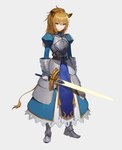 armor blonde_hair breastplate clothed clothing cosplay crossover_cosplay dress female gauntlets gloves hair handwear holding_melee_weapon holding_object holding_sword holding_weapon melee_weapon sabatons solo sword weapon jasonkim arknights fate_(series) hypergryph studio_montagne type-moon artoria_pendragon siege_(arknights) animal_humanoid felid felid_humanoid humanoid lion_humanoid mammal mammal_humanoid pantherine pantherine_humanoid 2023 absurd_res crossover hi_res