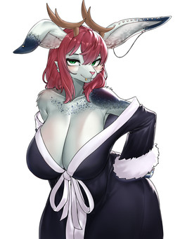 anthro antlers bathrobe bedroom_eyes big_breasts blush breasts cleavage clothed clothing ear_piercing exposed_shoulder facial_piercing female fur furgonomic_piercing furgonomics green_eyes hair hand_on_hip horn inner_ear_fluff leaning leaning_forward lip_piercing narrowed_eyes piercing red_hair robe seductive simple_background snakebite_piercing solo speckled_body tuft white_background white_body white_fur wide_hips banj ritter_merau_(zettra_thorn) jackalope lagomorph mammal 3:4 absurd_res hi_res