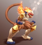 anthro armor blue_eyes brown_body brown_fur fire flaming_hair fur hair headgear helmet male muscular muscular_anthro muscular_male pose pseudo_hair solo tail white_body white_fur white_hair biri riot41 nintendo pokemon generation_4_pokemon infernape pokemon_(species)