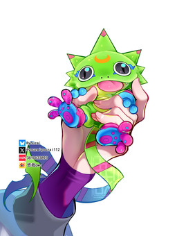ambiguous_gender anthro blep clothing duo gloves green_body handwear holding_another humor larger_human long_tongue male micro simple_background size_difference tongue tongue_out white_background youzaiyouzai112 bandai_namco digimon digimon_beatbreak tomoro_tenma digimon_(species) gekkomon human mammal scalie hi_res
