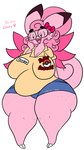 accessory anthro big_breasts bottomwear breasts clefable clothing deedee_(lewdchuu) dipstick_ears english_text eyewear female generation_1_pokemon glasses hair hair_accessory hair_ribbon hi_res huge_breasts huge_hips huge_thighs lewdchuu_(artist) multicolored_ears name_tag nintendo open_mouth overweight overweight_anthro overweight_female pink_body pink_eyes pink_hair pokemon pokemon_(species) ribbons shirt shorts solo text thick_thighs topwear wide_hips