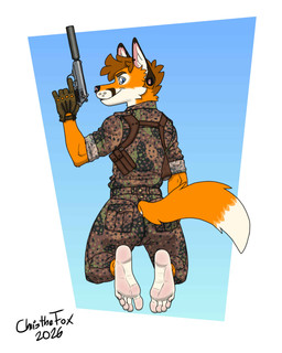 anthro barefoot black_body black_fur blue_eyes bottomwear brown_hair butt camo camo_clothing camo_print clothing ears_up eyebrows feet foot_fetish foot_focus fox_tail fur gloves gun hair handwear holding_gun holding_object holding_ranged_weapon holding_weapon humanoid_feet kneeling looking_at_viewer looking_back male military military_uniform orange_body orange_fur pants pattern_clothing plantigrade ranged_weapon shirt silencer smile smiling_at_viewer soldier solo tail topwear uniform warrior weapon white_body white_fur bartek22 chris_the_fox_(bartek22) canid canine fox mammal 4:5 absurd_res hi_res