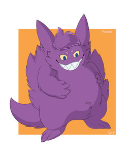 after_transformation blue_eyes featureless_crotch feral fluffy fur fur_growth growth hand_on_belly male nude purple_body purple_fur sharp_teeth simple_background slightly_chubby solo standing teeth moofers-mufa nintendo pokemon generation_1_pokemon gengar ghost pokemon_(species) spirit absurd_res hi_res signature