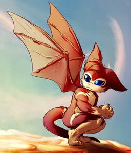 anthro blue_eyes cheek clasped_hands crouching desert fingers floating flying fur hair male markings membrane_(anatomy) mountain palm_tree plant red_body red_fur solo spread_wings spreading tree tuft wind wings yellow_body yellow_fur lesia_(artist) dust:_an_elysian_tail pk_(nimbat) bat mammal nimbat absurd_res hi_res