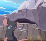 big_ears black_body black_fur blue_eyes blue_sky cave cloud feral fur long_tail male mountain outside rock sky solo tail text milachu92 milochu mammal murid murine rat rodent absurd_res english_text hi_res