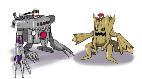 black_hair blue_eyes eyewear female feral goggles group hair male mech_suit plant red_hair wooden_body maraeug69266610 bandai_namco digimon digimon_story:_time_stranger digimon_(species) elemental_creature flora_fauna human mammal mechanorimon woodmon 16:9 hi_res widescreen