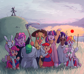female feral field gesture grass group horn imminent_death male mask melee_weapon plant polearm scarecrow scythe sunset waving waving_at_viewer weapon wings mareoinaddict friendship_is_magic hasbro my_little_pony mythology wickerman anon apple_bloom_(mlp) applejack_(mlp) fluttershy_(mlp) pinkie_pie_(mlp) rainbow_dash_(mlp) rarity_(mlp) scootaloo_(mlp) sweetie_belle_(mlp) twilight_sparkle_(mlp) earth_pony equid equine horse human mammal mythological_creature mythological_equine pegasus pony unicorn absurd_res hi_res
