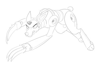 angry claws female feral machine paws quadruped simple_background snarling solo tail white_background halbean capcom mega_man_(series) fan_character samba_(halbean) canid canine mammal robot 3:2 hi_res monochrome