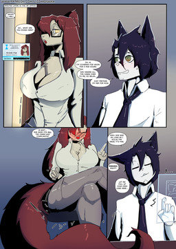 anthro big_breasts breasts cleavage clothed clothing crossed_legs dialogue duo eyewear female glasses green_eyes hair long_tail male male/female red_hair simple_background tail text thick_thighs yellow_eyes lizzard_sama dylan_(lizzard_sama) miranda_(lizzard_sama) canid canine canis domestic_dog mammal wolf absurd_res comic english_text hi_res