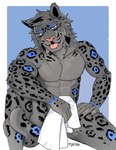 abs anthro blep bodily_fluids male muscular pecs solo sweat tongue tongue_out towel fonyaa cooper_(emptysync) felid mammal pantherine snow_leopard absurd_res hi_res