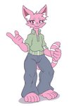 anthro bottomwear clothing collar denim denim_bottomwear denim_clothing fur gesture hand_gesture jeans male markings pants pink_body pink_fur pointing red_eyes shirt smile solo striped_markings striped_tail stripes tail tail_grab tail_markings topwear emiridian domestic_cat felid feline felis mammal absurd_res hi_res