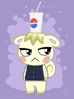 anthro black_eyes blue_clothing blue_jacket blue_topwear blush brown_body brown_fur brown_hair brown_tail clothing container cup cup_on_head drinking_straw fur hair half-closed_eyes jacket looking_away male multicolored_clothing multicolored_topwear narrowed_eyes object_on_head purple_background simple_background solo standing tail topwear two_tone_clothing two_tone_jacket two_tone_tail two_tone_topwear white_body white_clothing white_ears white_fur white_jacket white_tail white_topwear achromasloth animal_crossing nintendo pepsi marshal_(animal_crossing) mammal rodent sciurid tree_squirrel 2020 3:4 digital_media_(artwork) hi_res signature