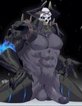 5_fingers abs armor balls bone fingers genitals glans glowing glowing_eyes male muscular muscular_male nipples pecs penis purple_body simple_background skull solo clx147258 fate_(series) type-moon king_hassan humanoid 2022 digital_drawing_(artwork) digital_media_(artwork)