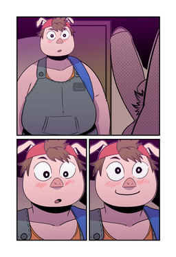 anthro backpack_strap backwards_baseball_cap backwards_hat baseball_cap blush brown_body brown_hair brown_penis close-up clothing dialogue duo erection genitals hair hat headgear headwear holding_penis looking_at_genitalia looking_at_penis male male/male overalls penis pink_body pubes red_clothing red_hat red_headwear shocked smile standing text three_frame_image wide_eyed t0l0k octavio_(t0l0k) roy_(t0l0k) canid canine canis domestic_dog domestic_pig mammal suid suine sus_(pig) comic english_text hi_res multiple_scenes