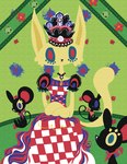 :< abstract_background ambiguous_gender anthro black_body black_fur blue_sclera clothing dress female fur group multicolored_clothing multicolored_dress red_eyes sitting yellow_body yellow_fur naircat domestic_cat felid feline felis mammal mouse murid murine rodent 2014 lineless