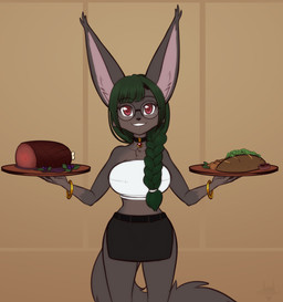 anthro bracelet braided_hair bread clothing eyewear female food glasses hair jewelry smile solo scorpdk canid canine fennec_fox fox mammal true_fox hi_res