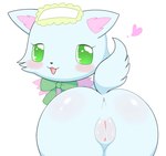 anthro anus blush bow_ribbon butt female female_anthro fur green_body green_eyes green_fur heart_symbol presenting presenting_hindquarters presenting_vulva simple_background vulva white_background azuo jewelpet sanrio sega_fave milky_(jewelpet) canid canine canis chihuahua domestic_dog mammal toy_dog hi_res