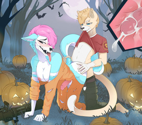 anthro blonde_hair blush bodily_fluids breasts clothed clothed_sex clothing cum cum_inside disguise drooling duo female food fruit gatling_gun genital_fluids genitals gun gynomorph gynomorph/male hair holidays humanoid_genitalia humanoid_penis intersex intersex/male leaking_precum machine_gun male minigun penis pink_hair plant precum public public_nudity public_sex pumpkin ranged_weapon saliva sex torn_clothing weapon x-ray_view pugsbubbi halloween scp_foundation team_fortress_2 valve valve_corporation ces scp-1471-a ambient_bat canid canine domestic_cat felid feline felis fox hybrid mammal skulldog_(species) absurd_res hi_res trans_(lore) trans_woman_(lore)