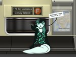 anthro bottomwear breasts choker clothed clothing dialogue female green_body green_eyes green_hair hair inside jewelry looking_at_viewer necklace new_york_city public public_transportation rapid_transit shirt shorts sitting solo subway subway_map tail talking_to_viewer tank_top text topwear spearmintserpent mta_new_york_city_transit nintendo pokemon spearmint_(spearmintserpent) generation_5_pokemon pokemon_(species) scalie snivy 2024 4:3 colored digital_drawing_(artwork) digital_media_(artwork) english_text hi_res