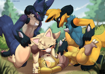 abdominal_bulge anthro belly_blush bisexual black_body black_fur blep blue_body blue_fur blush bodily_fluids body_blush brown_body doggystyle eyelashes eyewear facial_markings facial_tuft female female/female foursome freckled_face freckled_legs freckled_thighs freckles from_behind_position fur genitals glasses glistening_eyelids gloves_(marking) group group_sex hand_on_chest hand_on_partner's_chest head_markings knot knotted_penis leg_markings long_eyelashes looking_down looking_down_at_partner male male/female markings mask_(marking) navel outdoor_nudity outside outside_sex pawpads penetration penile penile_penetration penis penis_in_vagina pink_inner_ear pink_pawpads rectangular_glasses round_glasses saliva saliva_string sex socks_(marking) speckle_freckles spikes spikes_(anatomy) sweat text tongue tongue_out tuft vaginal vaginal_penetration vulva wearing_glasses yellow_body yellow_fur skylosminkan nintendo pokemon abby_(abra) artomis fan_character abra canid canine generation_1_pokemon generation_4_pokemon lucario mammal pokemon_(species) shiny_pokemon absurd_res hi_res url