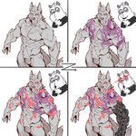 anthro arm_scar base_two_layout basic_sequence chest_scar claws contextual_arrow cybernetics directional_arrow dragon_tattoo duo eye_scar facial_scar four_frame_grid four_frame_image four_frame_sequence grid_layout hair humor machine male multicolored_hair muscular muscular_anthro muscular_male nipples nude prosthetic prosthetic_arm prosthetic_limb regular_grid_layout robot_arm scar sequential_arrow smile tattoo two_row_layout jacketbear jacketbear_(character) bear canid canine canis giant_panda mammal wolf 1:1 2021 character_request hi_res sequence