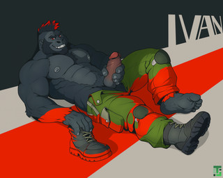 abs anthro aroused aroused_face aroused_male aroused_smile barazoku beard bedroom_eyes biceps big_muscles big_pecs black_beard black_body black_boots black_chest_hair black_clothing black_facial_hair black_footwear black_fur black_sideburns body_hair boots bottomwear chest_hair clothed clothing cocky cocky_grin erection exposed_crotch eyebrows facial_hair fangs fondling_penis footwear fur genitals green_bottomwear green_clothing green_pants grin grinning_at_viewer happy_trail holding_erection holding_own_penis holding_penis knee_pads looking_at_viewer lying lying_on_ground male manly masturbation mohawk muscular muscular_anthro muscular_male narrowed_eyes nipple_piercing nipples on_back on_ground one_boot_on open_bottomwear open_clothing open_pants paint paint_on_arms paint_on_body paint_on_clothing paint_on_self pants pecs penile penile_masturbation penis penis_grab piercing pose presenting presenting_body presenting_chest presenting_penis red_body red_eyes red_fur red_paint rubbing_penis seducing_viewer seductive self_grope shoes showing_off_muscles sideburns smile smiling_at_viewer solo stained_clothing stained_pants stroking_penis teeth thick_arms thick_eyebrows thick_thighs topless topless_anthro topless_male unbuttoned unbuttoned_bottomwear tj_tiger ivan_(tobytiger) ape gorilla haplorhine mammal primate 2025 hi_res
