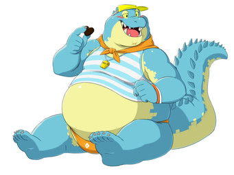 5_fingers 5_toes anthro barefoot belly biped blue_body claws clothed clothing feet fingers hat headgear headwear kemono male overweight overweight_anthro overweight_male rope shirt simple_background solo speedo swimwear tank_top toes topwear visor_cap whistle_(object) pokelai lifewonders tokyo_afterschool_summoners makara_(tas) crocodile crocodilian reptile scalie 4:3 hi_res